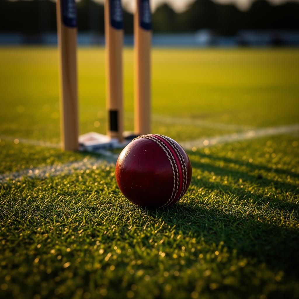 Cricket ball and stumps on green pitch